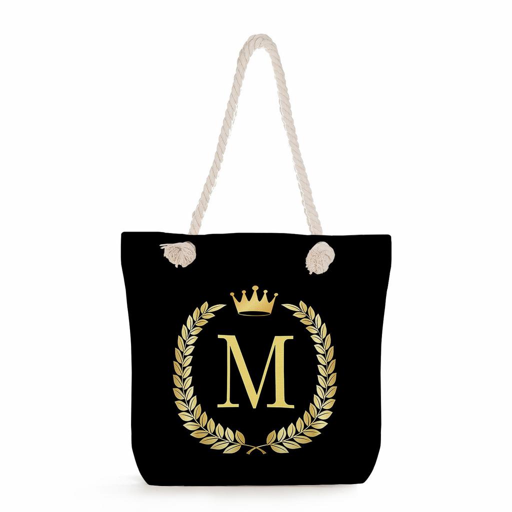 Black letters on a black background print thick rope single-shoulder beach bag 7289 CLE