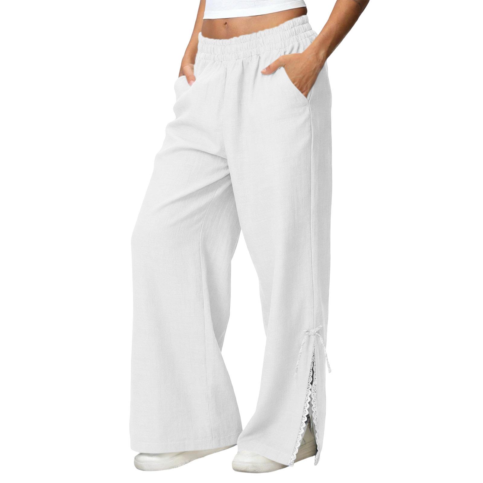 

Women Loose Fit Wide Leg Pants with Elastic Waistband and Side Split Casual Trousers with Pockets for Daily Wear XL білий