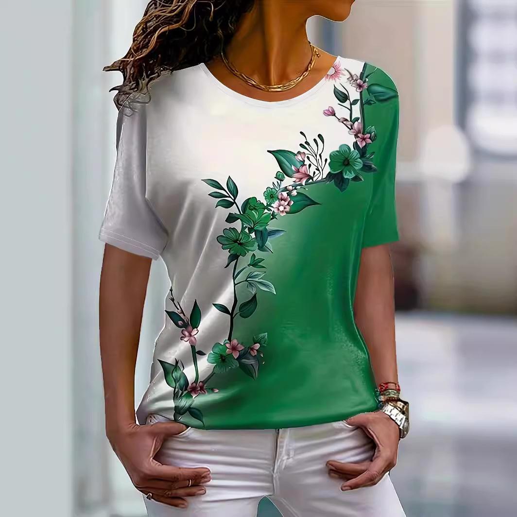 Moda de Verano Floral Asimétrica con Bloques de Color Cuello Redondo Manga Corta Estampada Camisetas de Mujer M