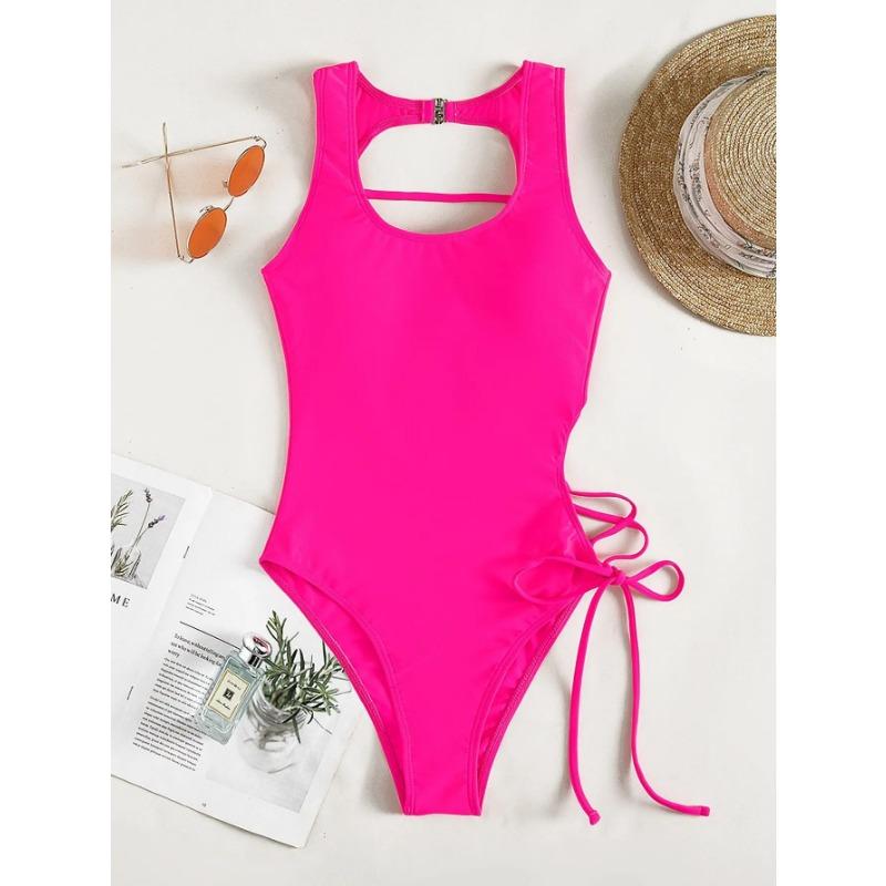 2025 Druck Schnürrücken Badeanzug Einteiler Einfarbige Bademode Damen Bade Schwimmanzug Weiblich Gepolstert Sommer Strandbekleidung Body