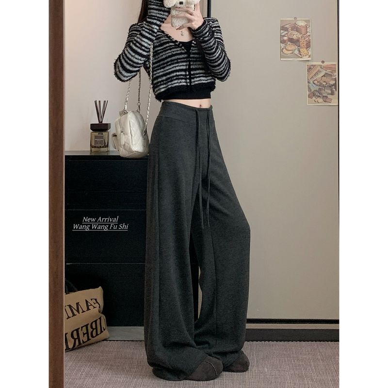 Drawstring High Waist Casual Pants Loose Pants Women's Autumn Drape Baggy Straight Trousers Apricot Mop Pants Lazy Long Pants