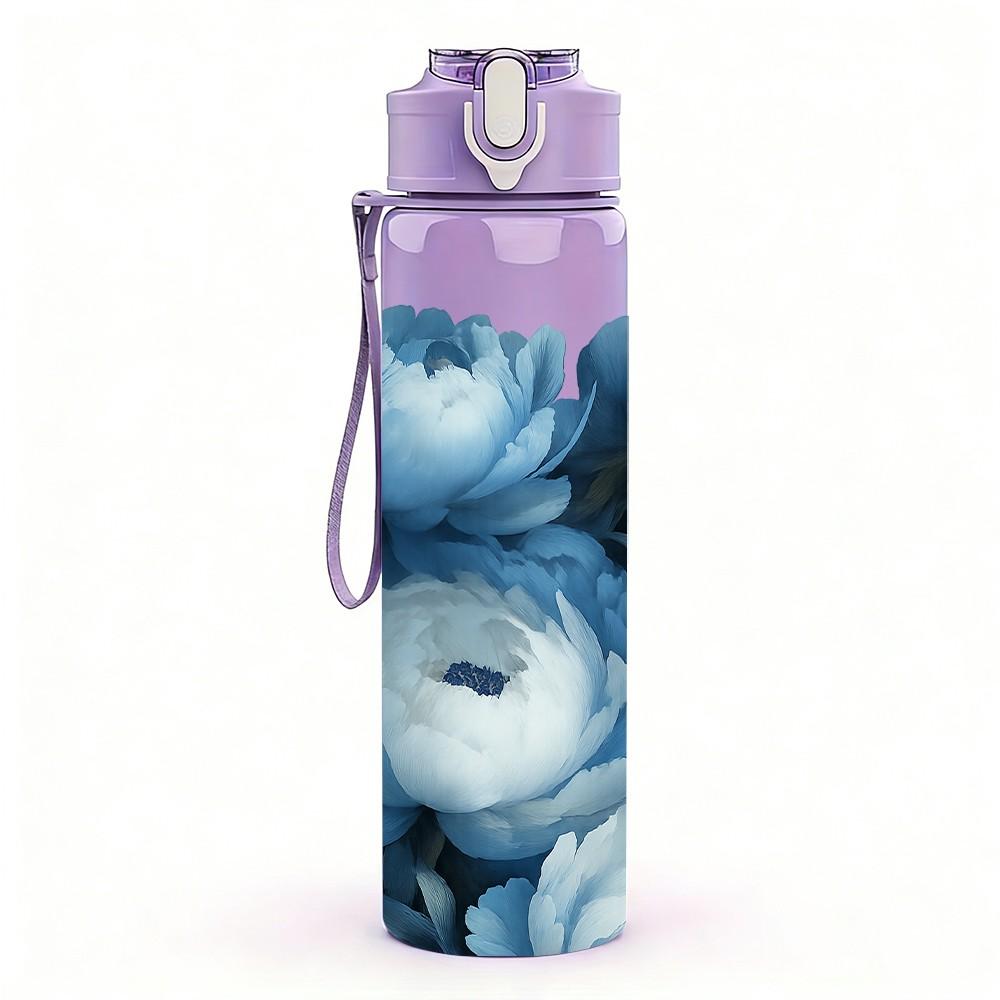 1PC Deep Blue Peony Rose Flower Print 750ml Color Plastic Sports Water Bottle Leakproof Flip Straw Lid Suitable for Sports Office Home Use