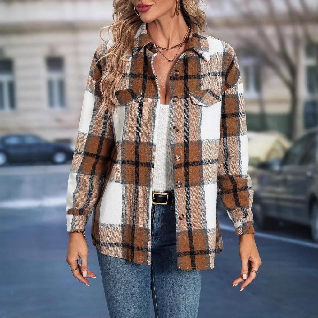 European & American Plaid Drop Shoulder Overcoat - Women's Autumn/Winter Jacket