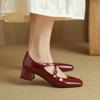 Genuine Leather Black Wine Red Women Pumps Med Heel Small Big Size 31 48