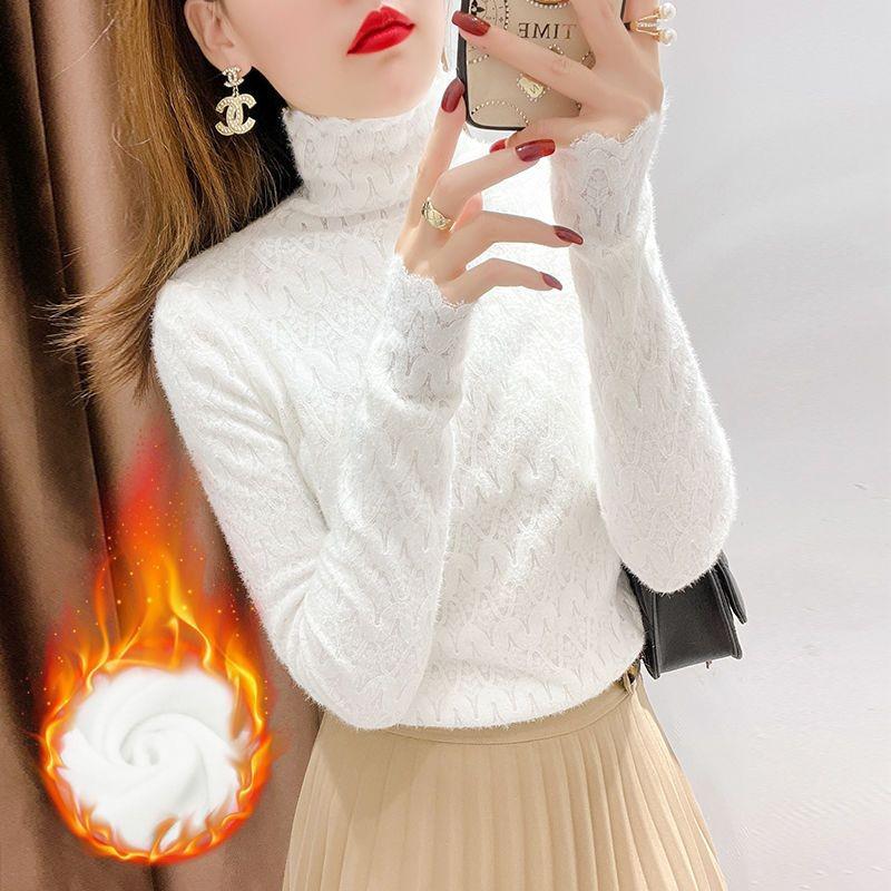 

Women s Stylish 2025 High Neck Embossed Lace Velvet Base Layer Top – Warm & Fashionable for Autumn/Winter XL