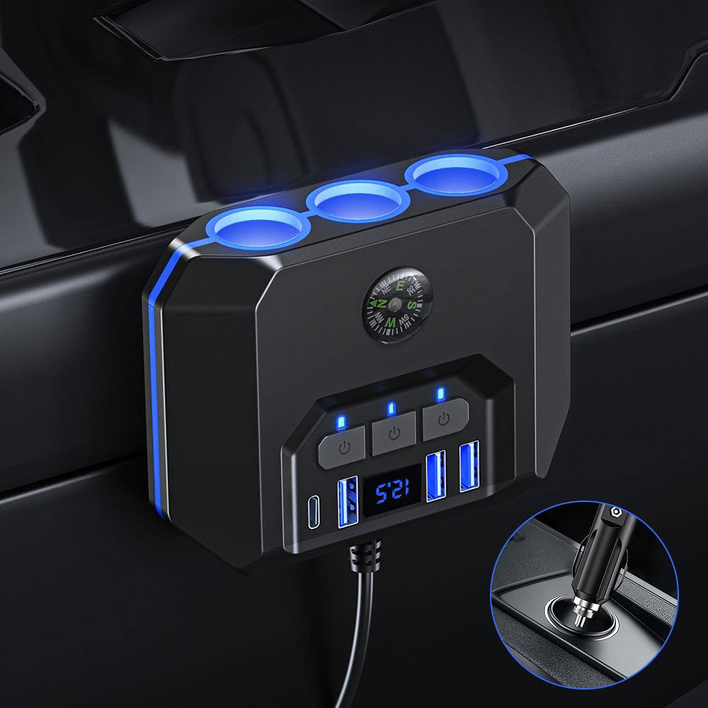 7 In 1 Cigarette Lighter Splitter 120W 3Ports Car Charger Adapter USB PD Power Socket With ON/OFF Outlet Switches