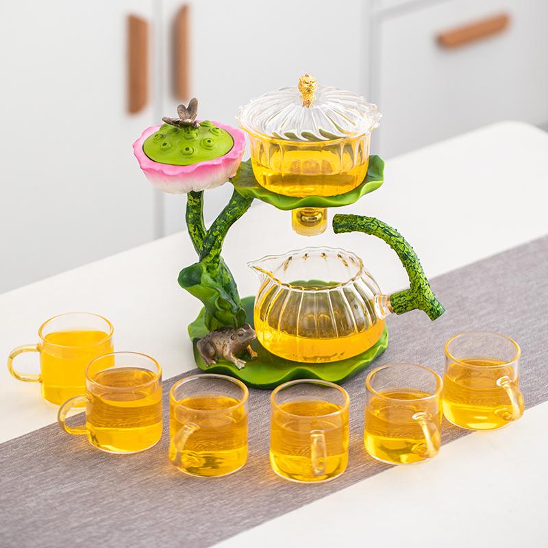 1 set of magnetic lazy tea set - Creative Lotus automatic glass teapot, tea cup, tea can, tea tray Chinese Kung Fu tea set
