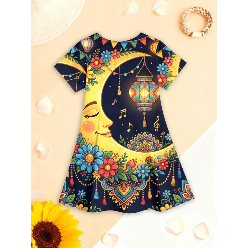 

3D Summer Dress for Girls with Moon & Lantern Floral Design - Ideal for Beach, Festivals, And Parties for Children Aged 4-10 110