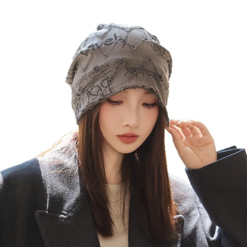 Versatile Autumn and Winter Casual Bag Head Hat Big Head Circumference Showing Face Small Pile of Hat Outdoor Letter Pullover Hat