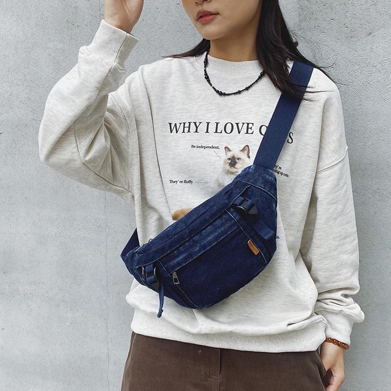 Casual Waist Bag Ladies Designer Denim Fanny Pack Fashion Travel Money Phone Chest Banana Bag Large Capacity Female Bum Belt Bag