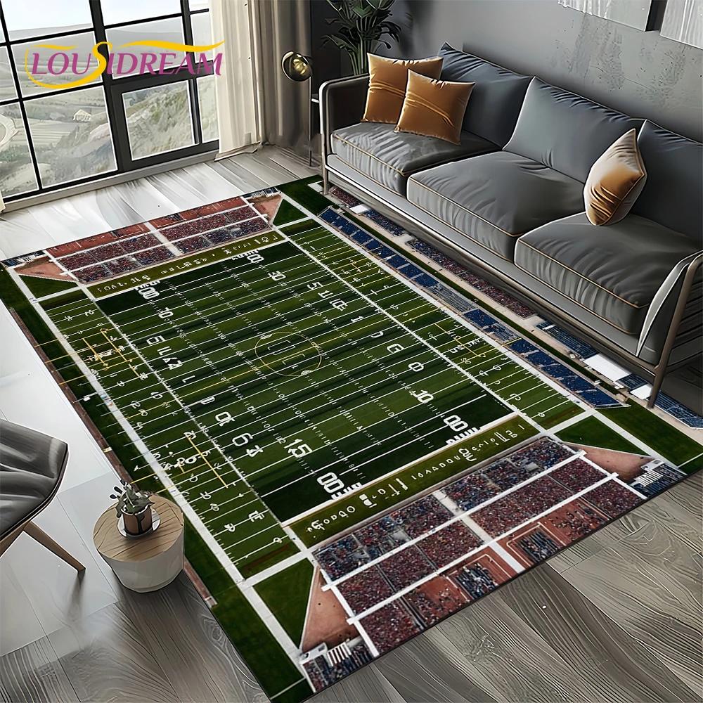 3D Rugbyfeld Rugby 2025 American Football Cartoon Teppich für Wohnzimmer Schlafzimmer Zuhause Sofa Dekoration, Teppich Rutschfeste Fußmatte