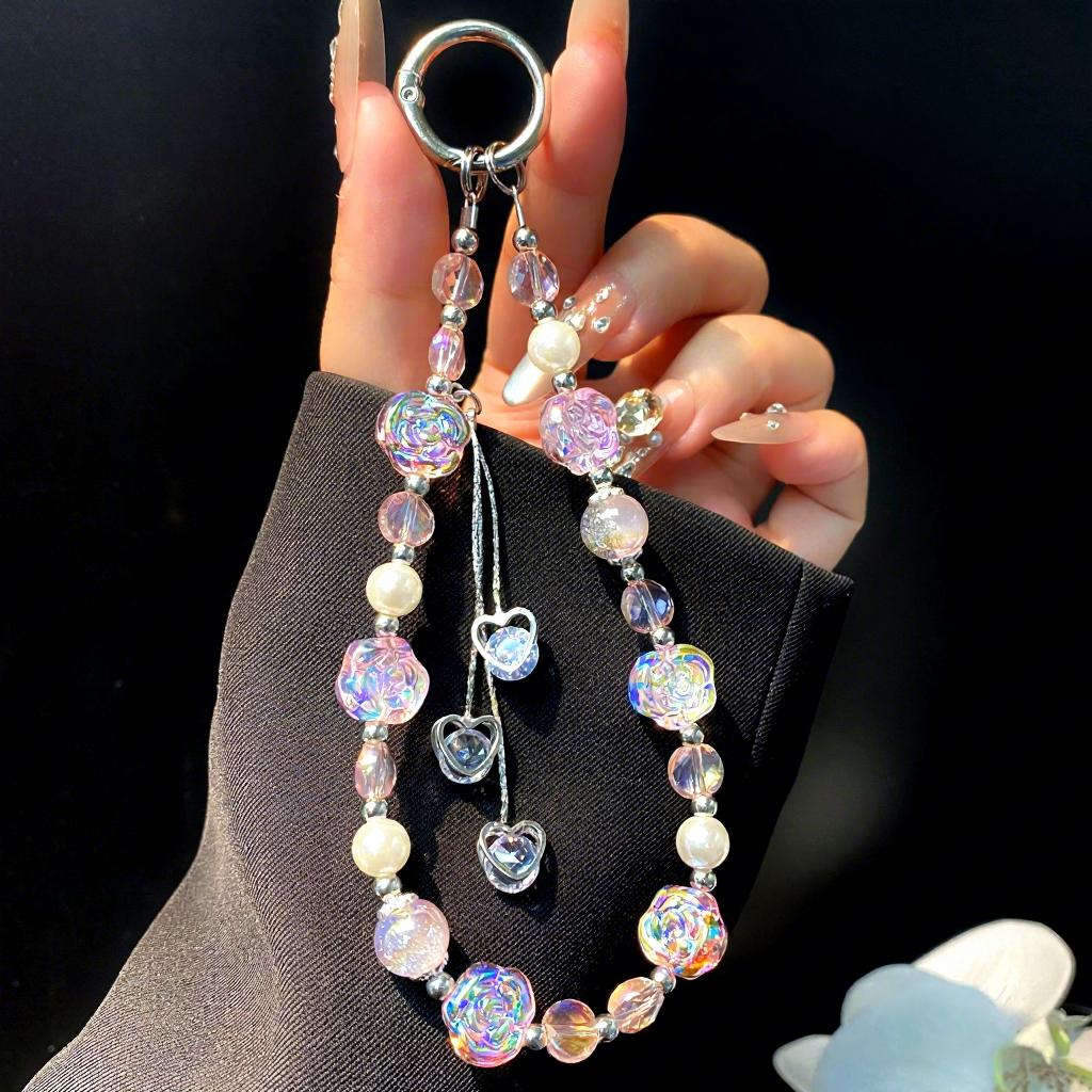 Fashionable Rose Flower Heart-Shaped Tassel Phone Chain Customizable Women's Bag Keychain Anti-Loss Crystal Beaded Lanyard