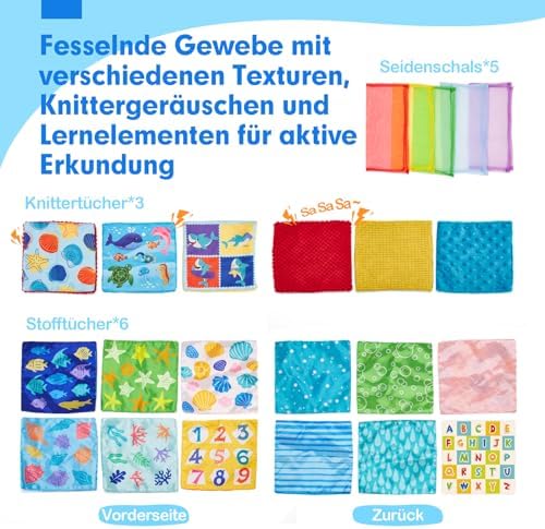 Hahaland Baby Toys 6-12 Months Montessori Sensory Tissue Box, Colorful Fabric Tabs Sensory Motor Skills Learning Toy for Boys Girls Gifts