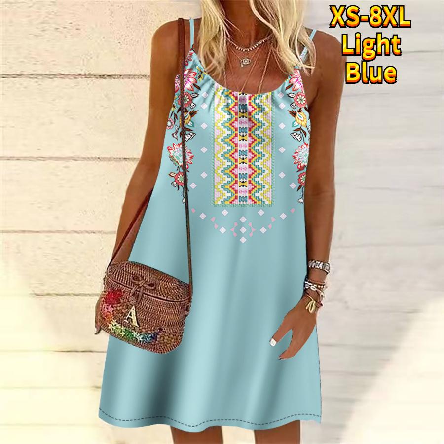 

Женское мини-платье с цветочным венком и принтом без рукавов, летнее пляжное платье, сарафан 3XL светло-синий