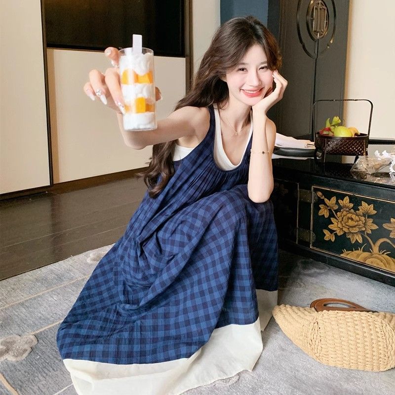 Blue plaid sleeveless dress French literary style Mori retro small fresh holiday suspender vest long dress