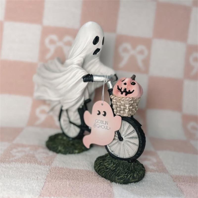 Ghostly Riding on Bicycles with Pumpkin Figurine Sculpture Indoor and Outdoor Resins Ornament Halloween Party Decoration