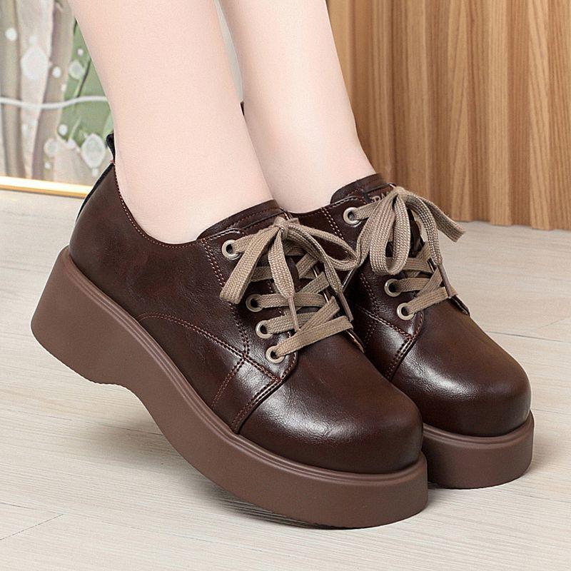 Women's Fashion Leather Loafers: Non-slip, Thick Sole, Lace-up, Casual, Versatile Shoes for Spring and Autumn.