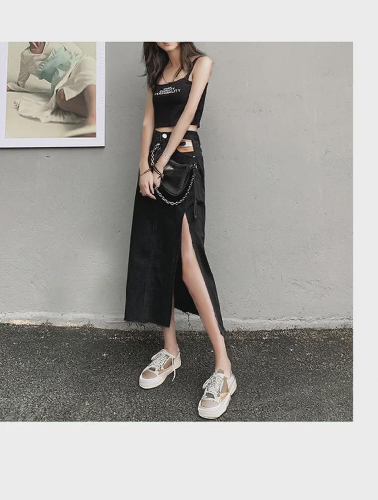 Black High Waist A-Line Denim Skirt with Side Slit - Trendy Summer Fashion for Women