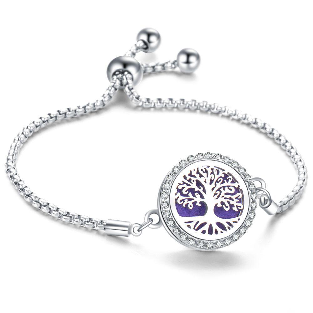 Crystal Rhinestone Aromatherapy Tree of Life Bracelet - Adjustable Titanium Steel with Essential Oil Compartment.