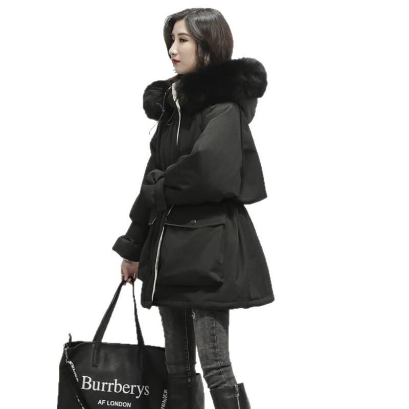 Korean Style Women's Mid-Length Cotton-Padded Parka with Big Fur Collar