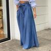 New women's pants autumn and winter elegant lace-up high-waisted wide-leg pants casual denim trousers