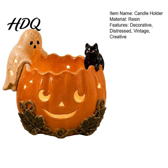 Holiday Gift for Cat Lovers Halloween Pumpkin Candle Holder Resin Ghost Black Tea Light Hollow Starlight Shadow Lamp Stand Retro Distressed
