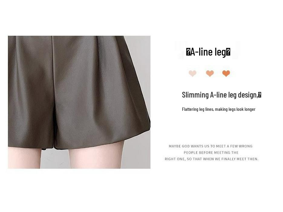 Petite High-Waisted Khaki PU Leather A-Line Shorts for Women - Wrinkle-Resistant, Wide-Leg Bootcut, Autumn/Winter Wear.