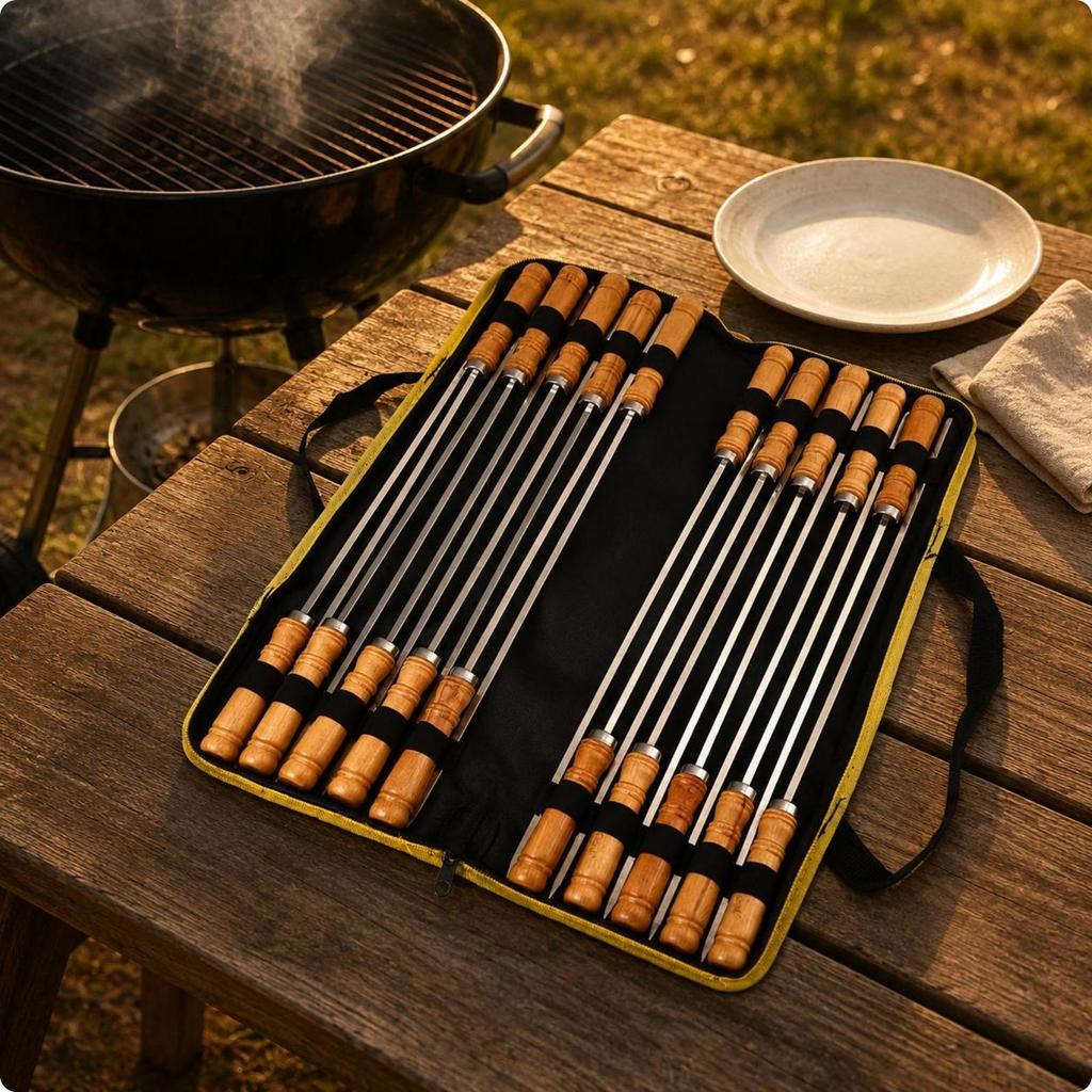 20 Pieces Straight Barbecue Skewers Wooden Handles Wood Handle Shish Skewer Pointed Tips Stainless