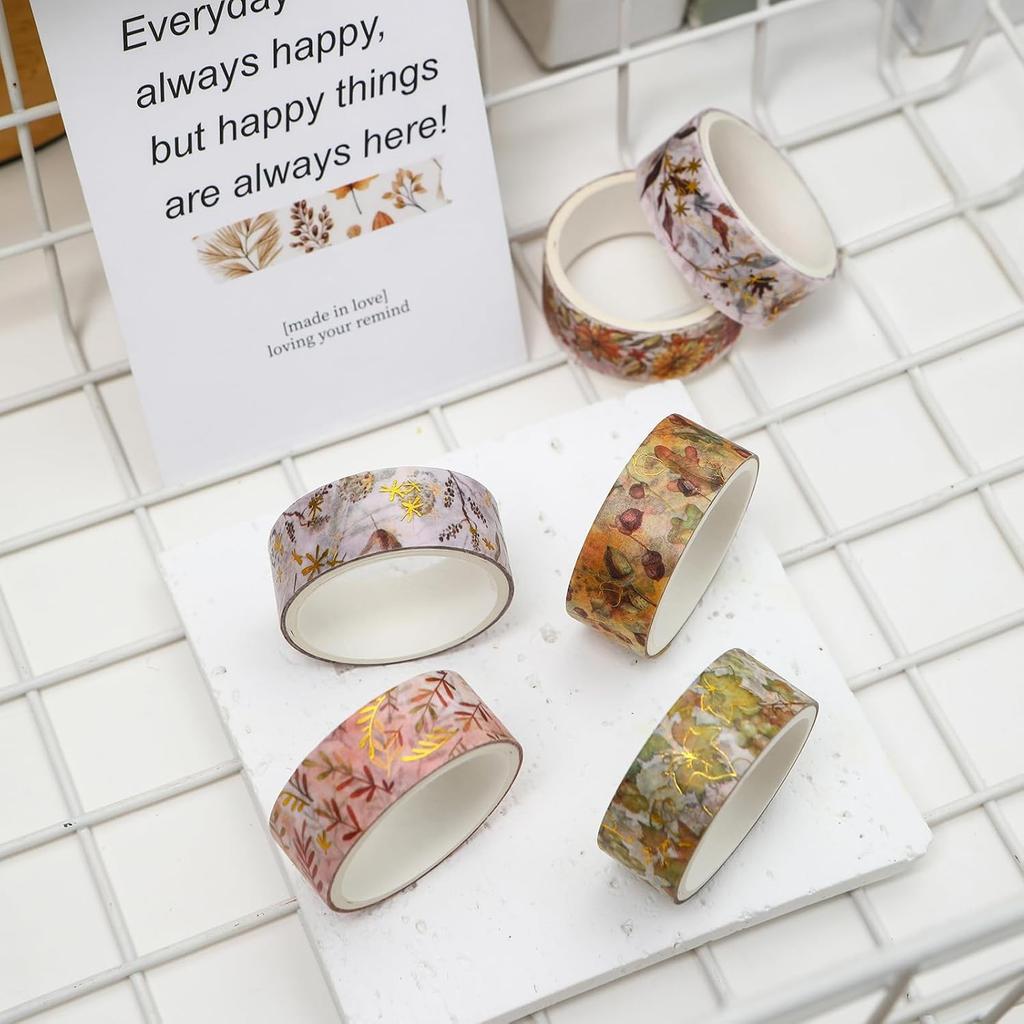 YUBBAEX Florales Masking Tape Pflanzen-Design mit Silberfolie Washi-Papier für Journal, Verpackung 6er-Set Stempeln, Klebeband, Kunst-/DIY-Basteln/Bullet