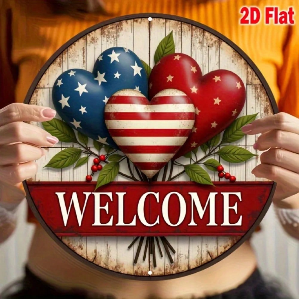 

USA Patriotic Heart Welcome Sign Outdoor Door Decor Rustic Weatherproof Metal Art 20x20