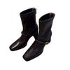 Cowhide version~ Square head high heel thin boots women's French thick heel retro rear zipper soft leather short boots elastic fashion boots