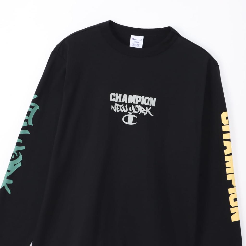 Champion Long Sleeve Crew Graphic Logo Print Men's T-Shirt, Basic, C3-Z411, Black, 100% Cotton, Neck,