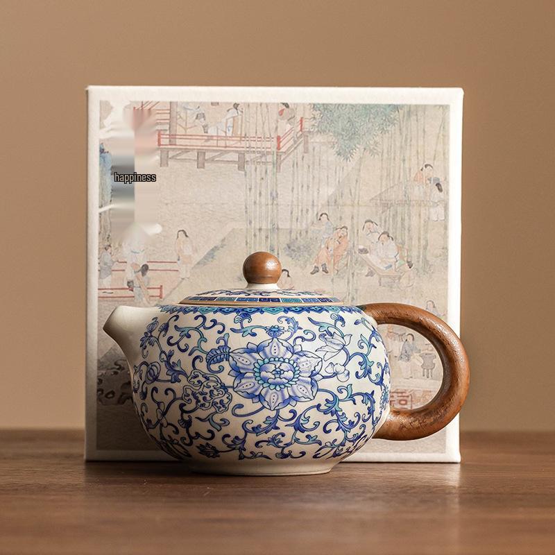 Blue & White Ru Kiln Ceramic Teapot featuring Intertwined Lotus Design – Xishi Style, Perfect for Home Tea Brewing, High-End Chinese Tea Set.