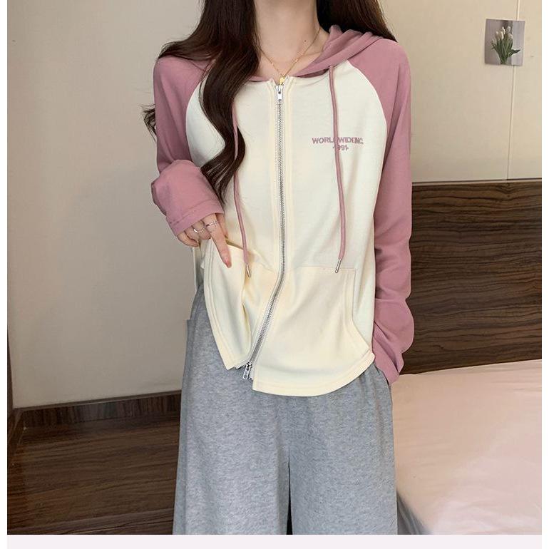 Women's Slim-Fit Raglan Double Zipper Hoodie, Spliced Design with Baby Fleece, Fleece-Lined for Autumn and Winter, Salt-Style Top.