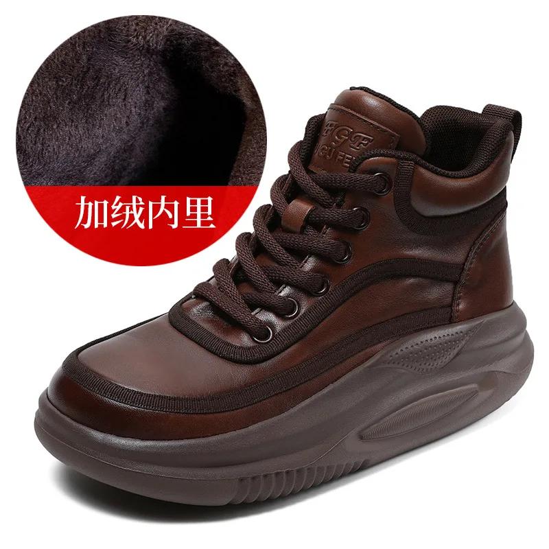 

2024 зимние женские короткие ботильоны на платформе осенне-зимние ботинки на шнуровке из натуральной кожи с толстой подошвой высокие повседневные кроссовки 40