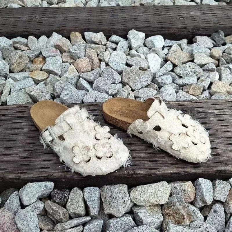 Fashion 2025 Spring Fashion Buckled Decorated Toe-cap Suede Slippers Closed Toe Solid Color Low Heel Novelty Women's Mules Large Size