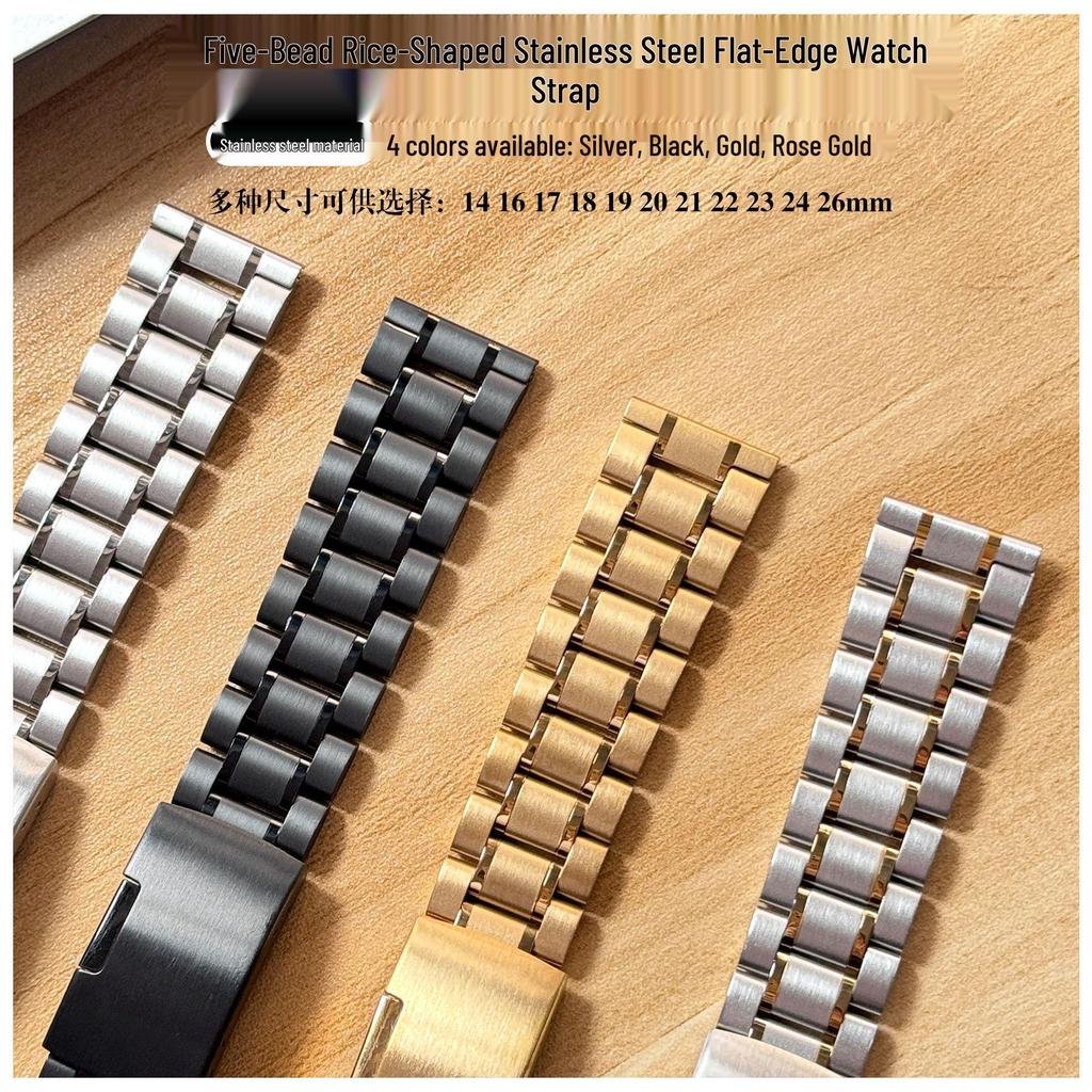 Men's Stainless Steel Watch Strap with Five-Bead Edge, Press-Folding Buckle, Flat Head Universal Interface, Sizes 18mm-24mm.
