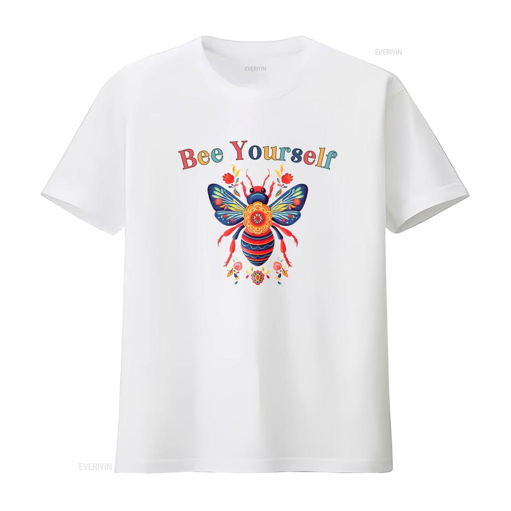 Folk Art Bohemian Bee Yourself Slogan Colorful Floral Print Casual T Shirt vintage Washed fashion Stylish Stretched