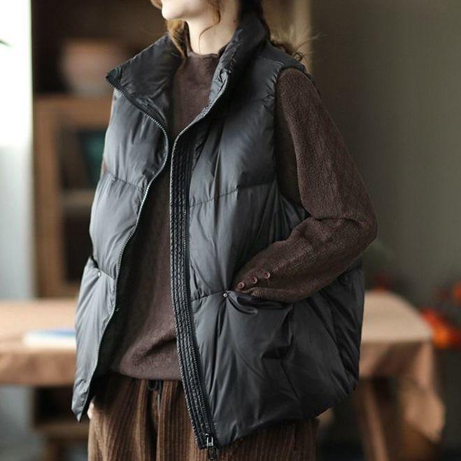Solid Color Stand-up Collar Down Cotton Vest Vest Loose Warmth Plus Cotton Waistcoat Sleeveless Waistcoat Ladies