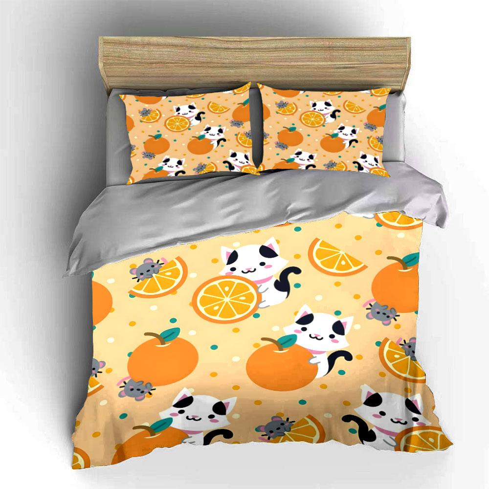 Cat and Orange Cartoon Pattern Bedding Duvet Cover Set (1*Duvet Cover 2*Pillowcases, Without Duvet Insert)