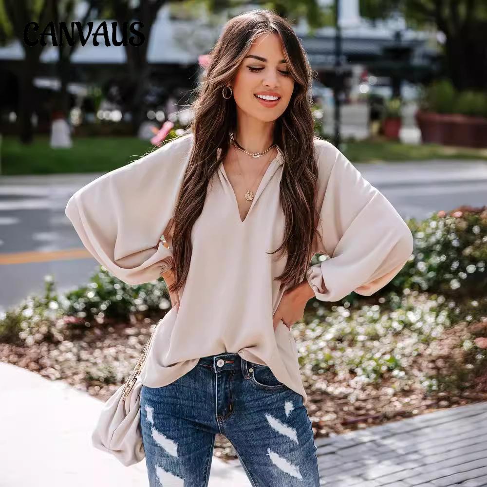 Spring and Autumn Women's Cool Long Sleeve Shirt Solid Color Casual V-Neck Loose Top