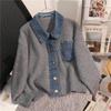 2025 Retro Denim Collar Knit Cardigan: Women's Loose Fake Two-Piece Short Design