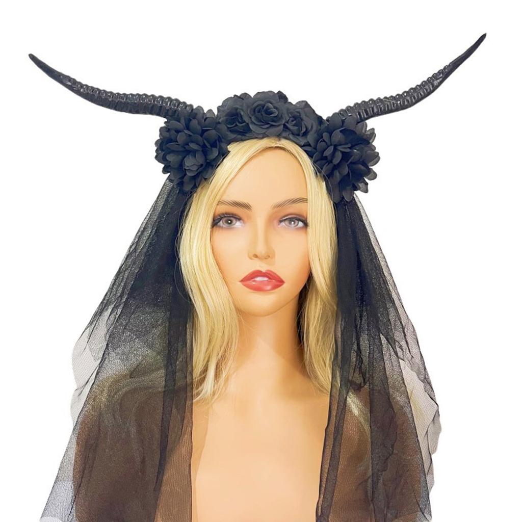 Devil Horn Flower Headband with Veil Cosplay Costume Hairband Dark Series Hairhoop Day of the Death Hairband for Women