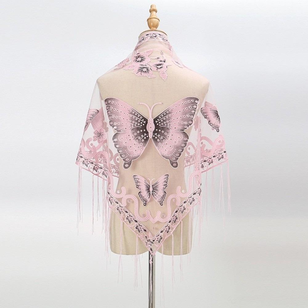 

Luxury Flower Lace Hollow Scarf Butterfly Polyester Tassel Triangle Shawl Embroidery Transparent Mesh Scarves Church розовый