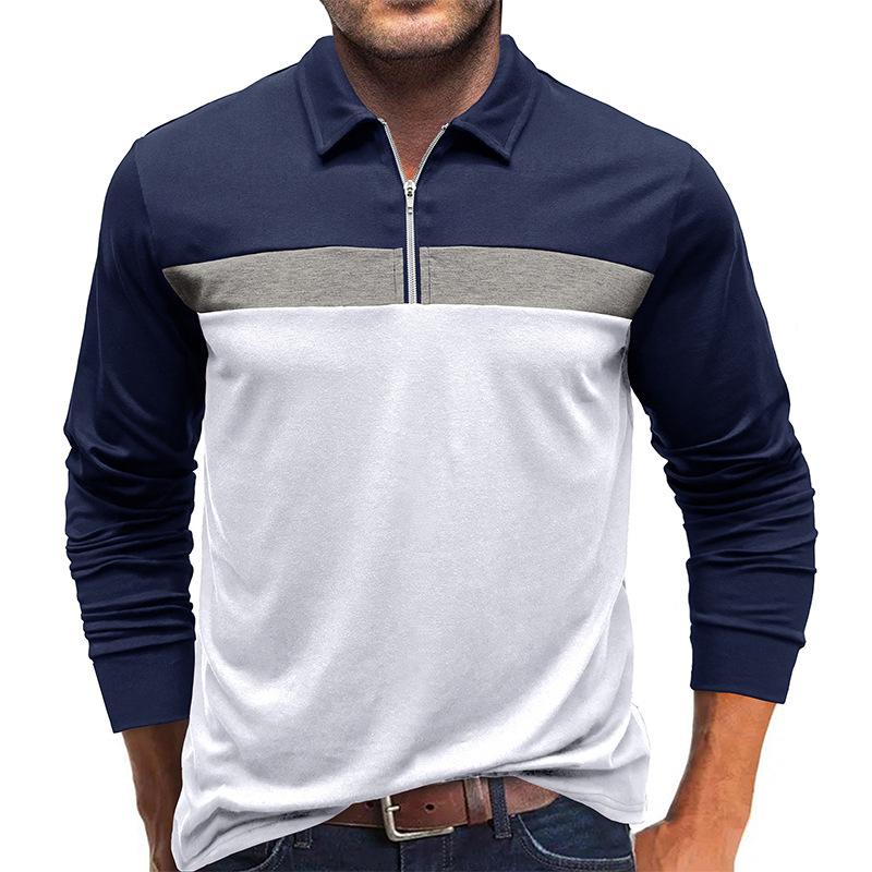 Men S Fashion Color Block Long Sleeve Zip Polo Shirt S