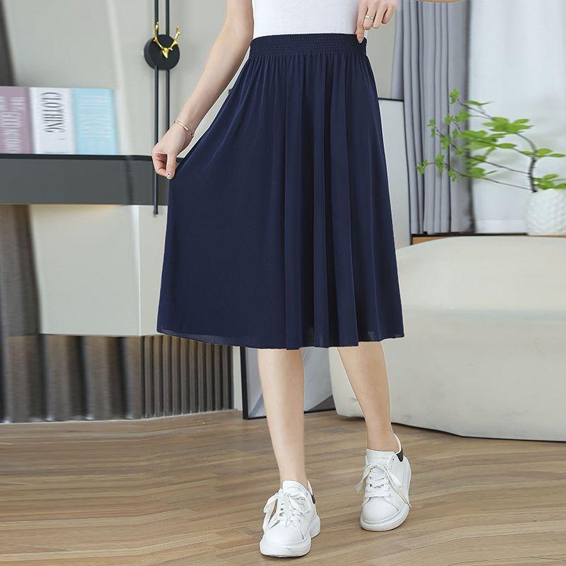 Women's Versatile Black Flowy A Line Midi Skirt with Elastic Waist