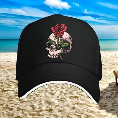 Skull Rose Print Baseball Cap Polyester Casual Adjustable Outdoor Beach Fishing Cap Adult