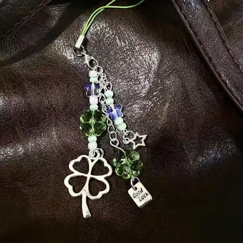 Cute Four Leaf Clover Keychain Bag Earphone Cover Pendant Decoration Kawaii Mobile Phone Lanyard Home Decoration Accessories