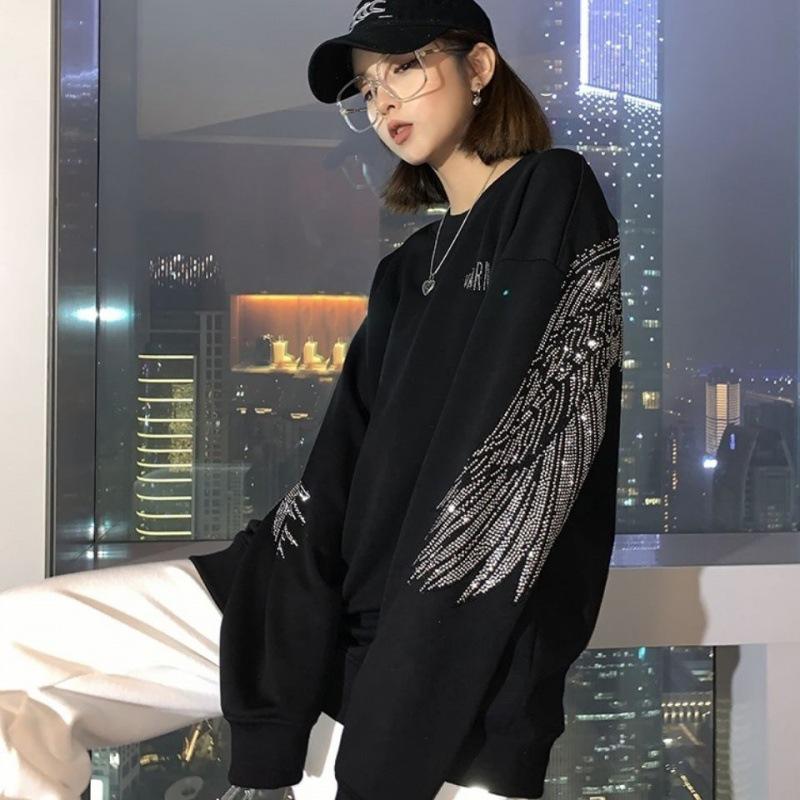 Women's Oversized Rhinestone Wings Hoodie - European Style Autumn/Winter 2021 Trend