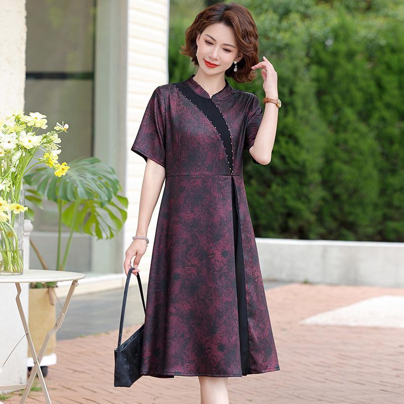 

2026 Summer Elegant Color Block Midi Dress for Mature and Elderly Women XL (45-52 kg)